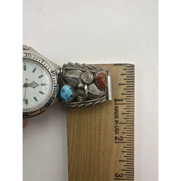 Vintage Mens Watch with Navajo Made Sterling Silver Turquoise Coral Watch Tips - Picture 11 of 11
